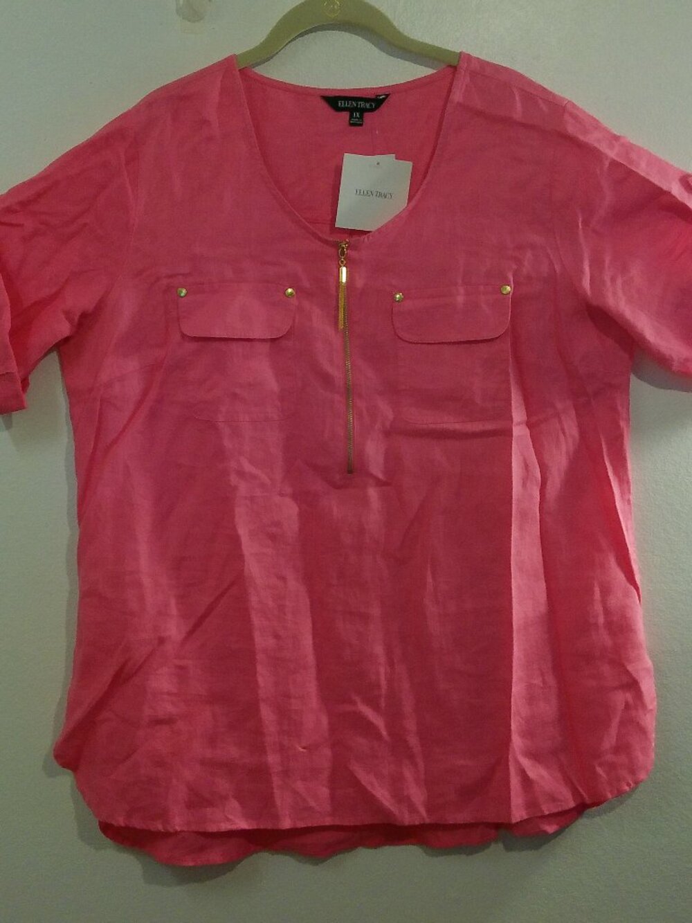 Pink Ellen Tracy Linen Roll Tab Sleeve Tunic Size 1X